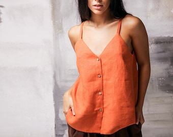 Orangefarbene Bluse, Button-Up-Top, Leinen-Tanktop, ärmellose Bluse, Leinen-Crop-Top, minimalistisches Oberteil, ärmelloses Leinenhemd, Damenoberteil mit Riemen