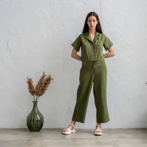 Green linen overalls, Linen wrap jumpsuit, Linen jumpsuit women, Button closure, Summer jumpsuit, Linen playsuit, Linen clothing for women