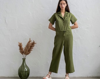 Green linen overalls, Linen wrap jumpsuit, Linen jumpsuit women, Button closure, Summer jumpsuit, Linen playsuit, Linen clothing for women