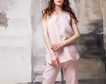 Pink linen set,Linen pajama set,Linen nightwear,Linen trousers women,Loose linen top,Womens two piece linen set,Linen sleepwear