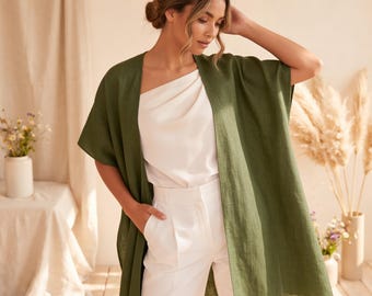 Natuurlijke linnen kimono, 100% linnen schouderophalen, bohokimono vrouwen, linnen kimonojas, linnen vest, linnen stofdoek, zomerdeken
