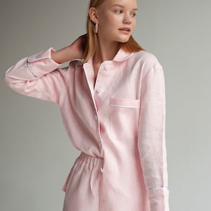 Leinen Pyjama Set Shorts, Rosa Pyjama Set, Leinen Schlafset, Leinen Nachtwäsche, Leinen Hauswäsche, Pj Set Frauen, Leinen Pyjama Set lange Ärmel