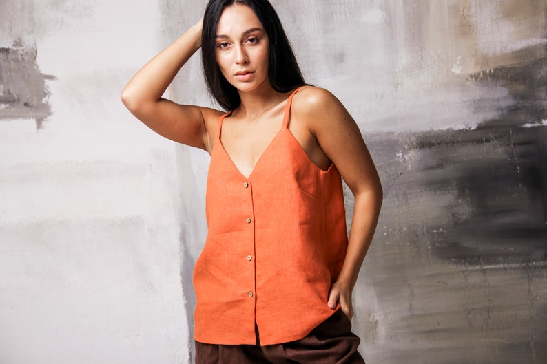 Orange blouse, Button up top, Linen tank top, Sleeveless blouse, Linen crop top,Minimalist top,Linen sleeveless shirt,Womens top with straps image 5