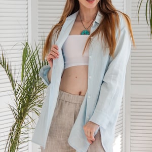 Blue linen shirt, Linen shirt button down, Linen long sleeve shirt, Oversized linen shirt, Linen blouse womens, Casual shirts for women