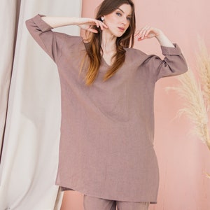 Linen lounge set women, Lounge wear for women summer, Linen set womens clothing, Linen suit women, Linen long sleeve tee, Loose linen top