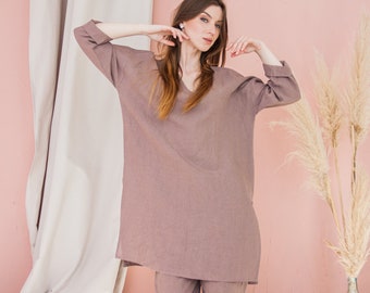 Linen lounge set women, Lounge wear for women summer, Linen set womens clothing, Linen suit women, Linen long sleeve tee, Loose linen top