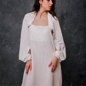 Maxi abito di lino,Bolerino da donna in lino,Abito ampio con cinghie,Abito con cintura,Tasche con incrocio sul retro organico,Abito a maniche lunghe in lino
