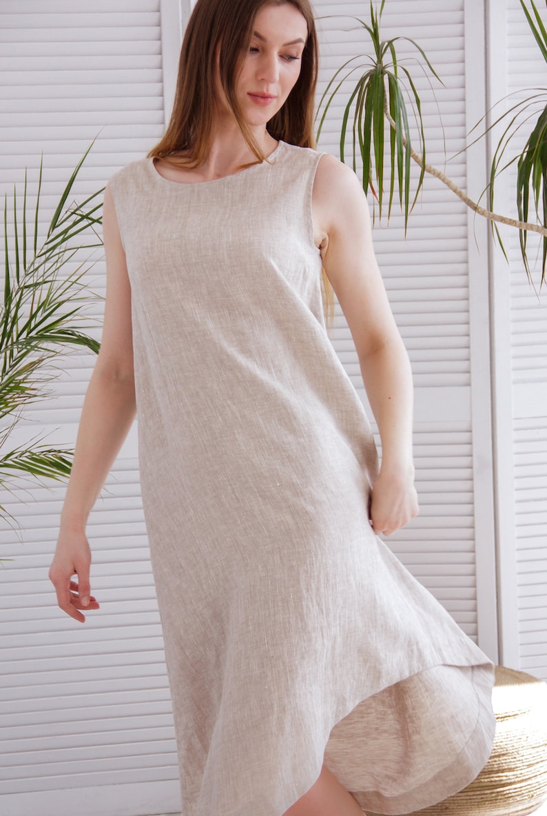 Linen dress with belt, Natural linen dress, Linen tunic dress, Tank dress summer, Linen midi dress asymetrical, A line linen dress image 2