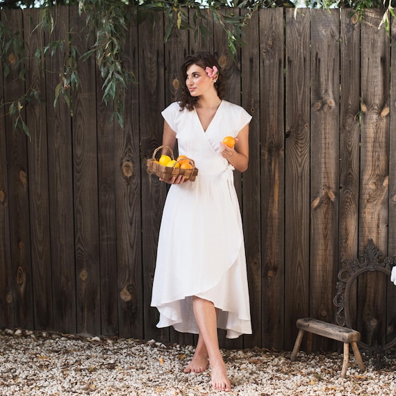 white linen kimono dress Wrap mini dress with long sleeve