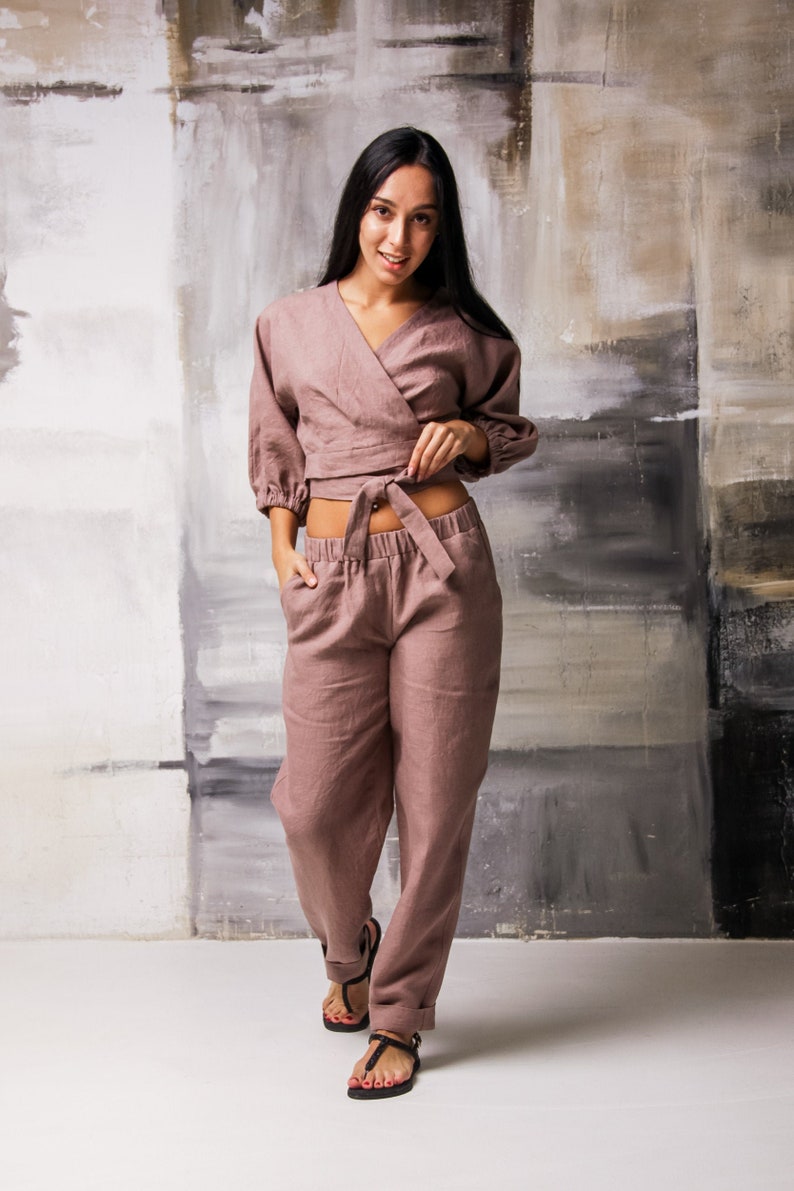 Linen two piece set women,Linen outfit women,Linen crop tops,Linen suit women,Linen set womens clothing,Crop top and pant set image 2