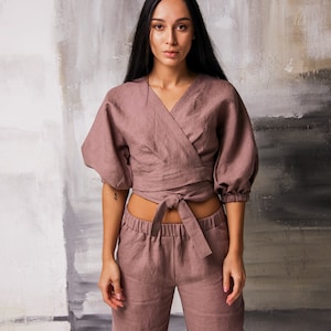 Linen two piece set women, Linen wrap set, Linen wrap blouse, Linen wrap top crop, Loose linen pants, Linen suit women, Linen tops for women