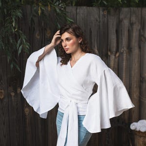 Linen wrap blouse long sleeve, Linen kimono wrap top, Kimono sleeve shirt, Kimono sleeve blouse, Wide sleeve blouse, V-neck linen top