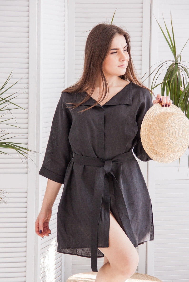 Kimono shirt dress, Linen shirt dress in black, Oversized linen shirt, Wrap linen shirt, Loose linen shirt, Drop shoulder shirt women image 1