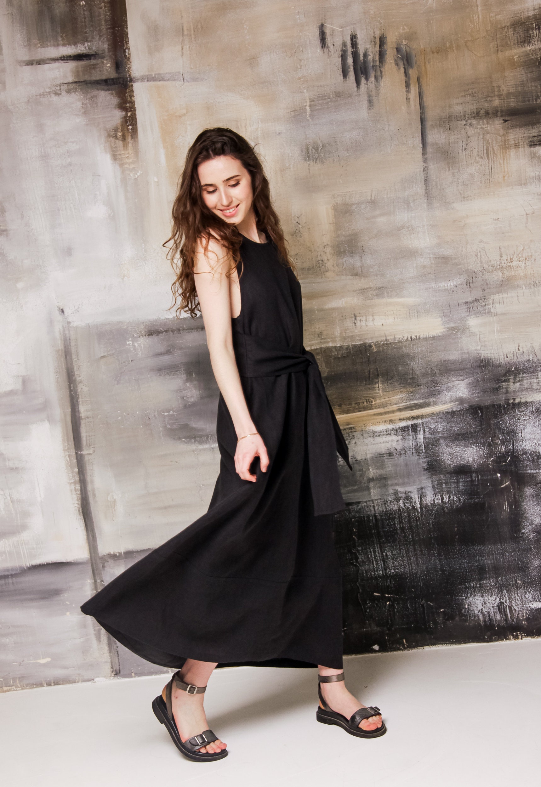 Boho Chic Casual Maxi Winter Jurk Linnen Mouwloze Jurk, Linnen