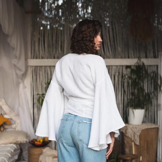 Wide Sleeve Blouse, Linen Wrap Top, Linen Kimono Top, Wrap Blouse
