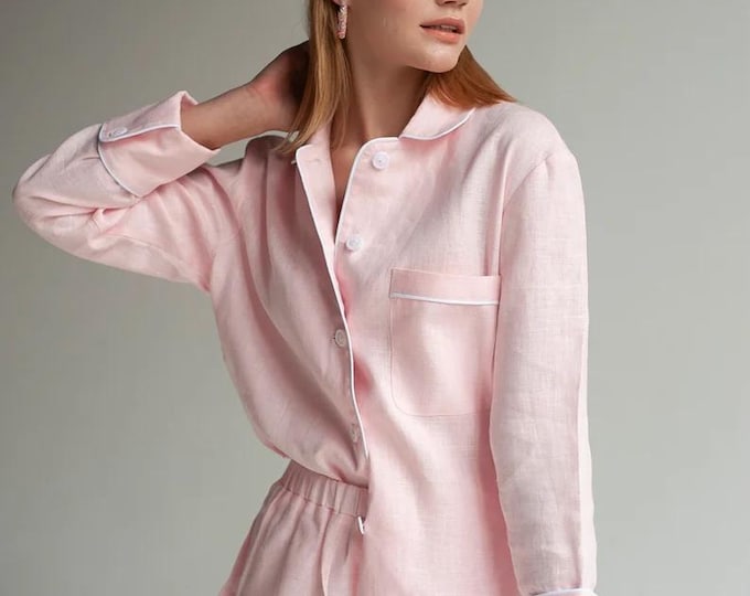 Conjunto de pijama corto de lino, Conjunto de pijama de lino para mujer, Conjunto de estar por casa de verano para mujer, Pijama de manga larga, Pantalones cortos de lino para dormir, Camisa de manga larga de lino