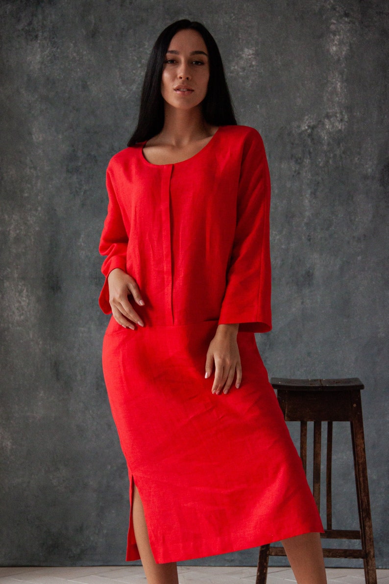 Natural linen dress, Red midi dress, Casual red dress, Red summer dress, Linen dress pockets, Loose long sleeve dress image 1