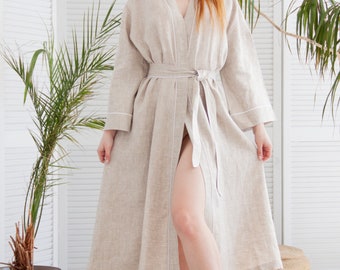 Kimono robe en lin, robe kimono beige, robe bohème en lin, robe kimono longue, femme robe en lin, robe kimono en lin, couverture en lin, peignoir en lin