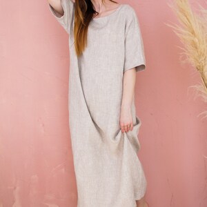 Linen maxi dress with sleeves, Linen oversized dress with pockets, Half sleeve maxi dress, Linen tunic dress women, Loose linen dress image 6