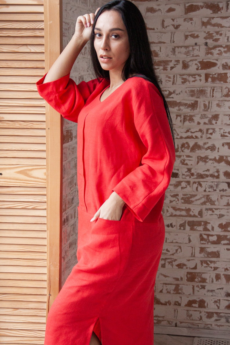 Formal linen dress, Red long sleeve dress, Organic linen dress, Loose linen dress, Long summer dresses for women, Linen maxi dress image 7
