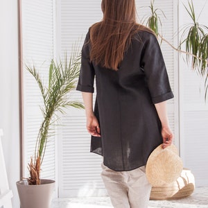 Kimono shirt dress, Linen shirt dress in black, Oversized linen shirt, Wrap linen shirt, Loose linen shirt, Drop shoulder shirt women image 8