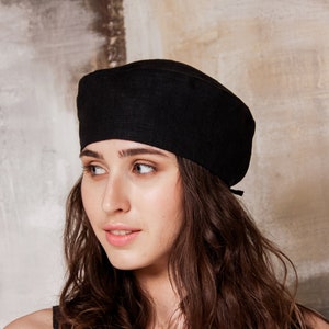 Linnen dames baret, zwarte stijlvolle dames baret hoed, linnen baret hoed, linnen dames franse baret, linnen dames schattige baret, linnen slouchy baret hoed afbeelding 2