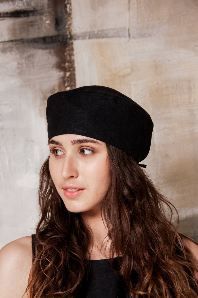 Linnen dames baret, zwarte stijlvolle dames baret hoed, linnen baret hoed, linnen dames franse baret, linnen dames schattige baret, linnen slouchy baret hoed afbeelding 2