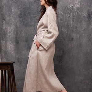 Linen Womens Robe,Linen Organic Robe,Linen Long Kimono Pockets,Linen Wrap Bath Robe,Linen Belted Womens Bathrobe,Linen White Kimono Robe image 3