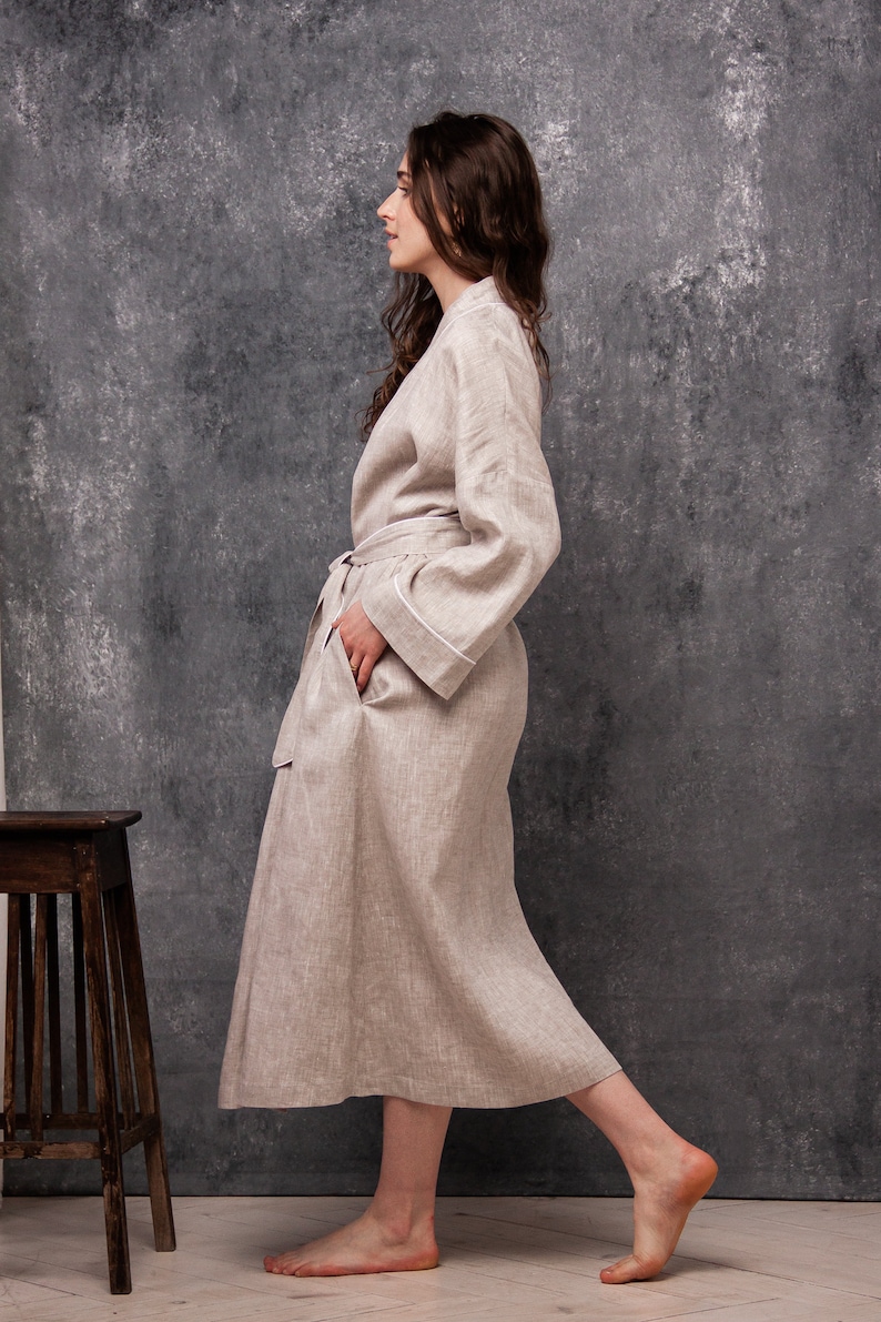 Linen Womens Robe,Linen Organic Robe,Linen Long Kimono Pockets,Linen Wrap Bath Robe,Linen Belted Womens Bathrobe,Linen White Kimono Robe image 3