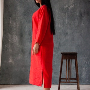 Natural linen dress, Red midi dress, Casual red dress, Red summer dress, Linen dress pockets, Loose long sleeve dress image 2