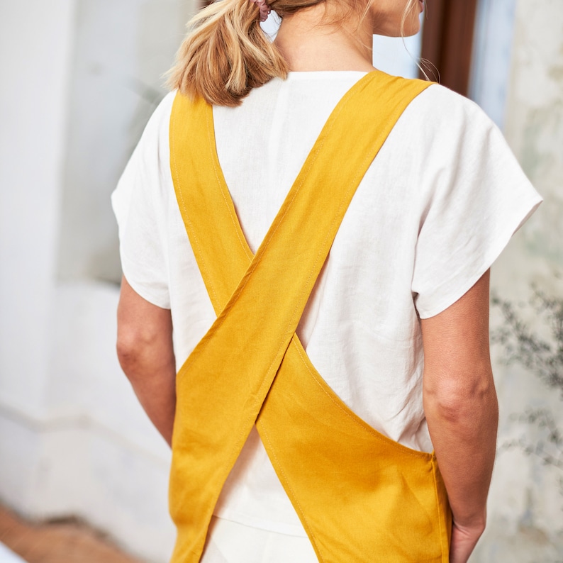 Linen apron with pockets, Cross back linen apron, Japanese style apron, Pinafore linen apron, No ties apron, Linen apron for women image 3