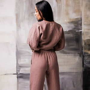 Linen two piece set women,Linen outfit women,Linen crop tops,Linen suit women,Linen set womens clothing,Crop top and pant set image 4