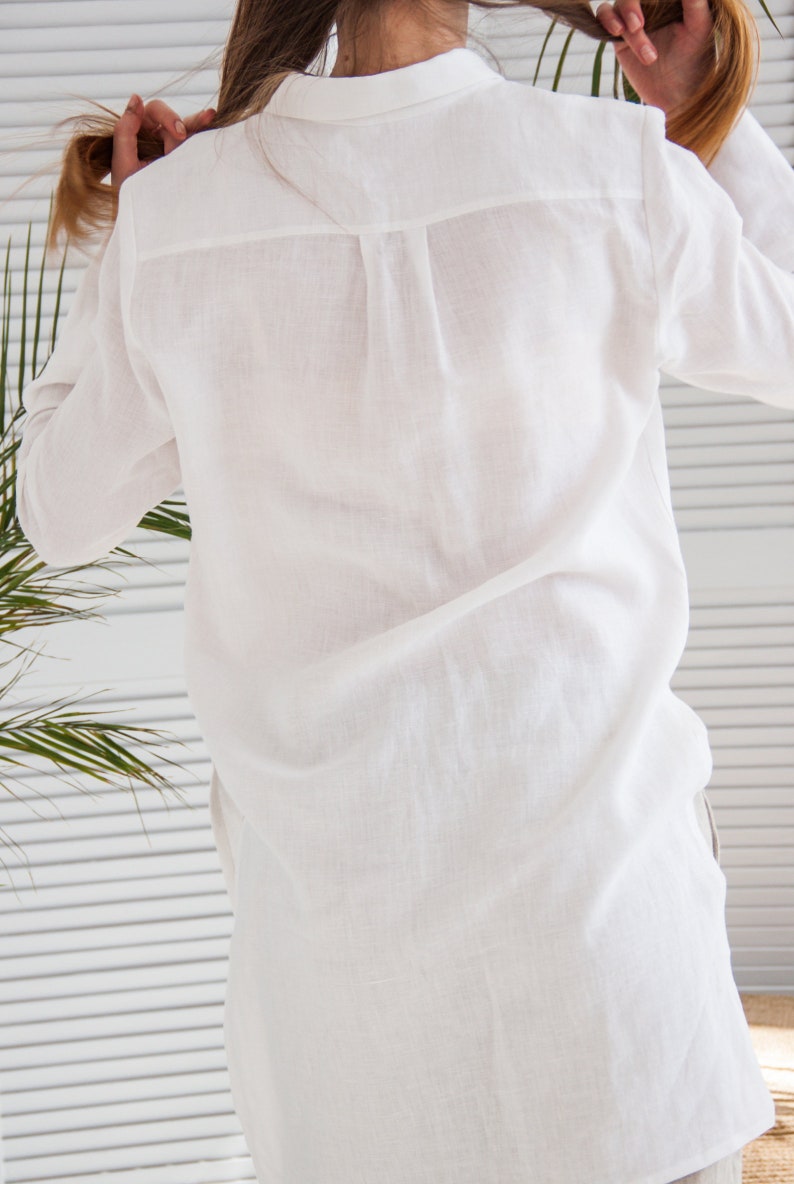 Linen blouse women, White linen shirt women, Linen collar shirt, White linen top for women, Long sleeve shirt women, Long blouse, Long shirt image 8