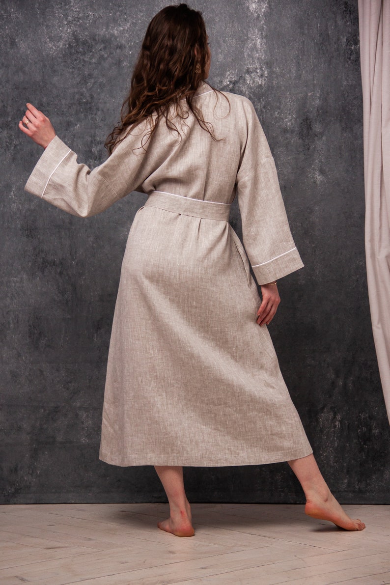 Linen Womens Robe,Linen Organic Robe,Linen Long Kimono Pockets,Linen Wrap Bath Robe,Linen Belted Womens Bathrobe,Linen White Kimono Robe image 2