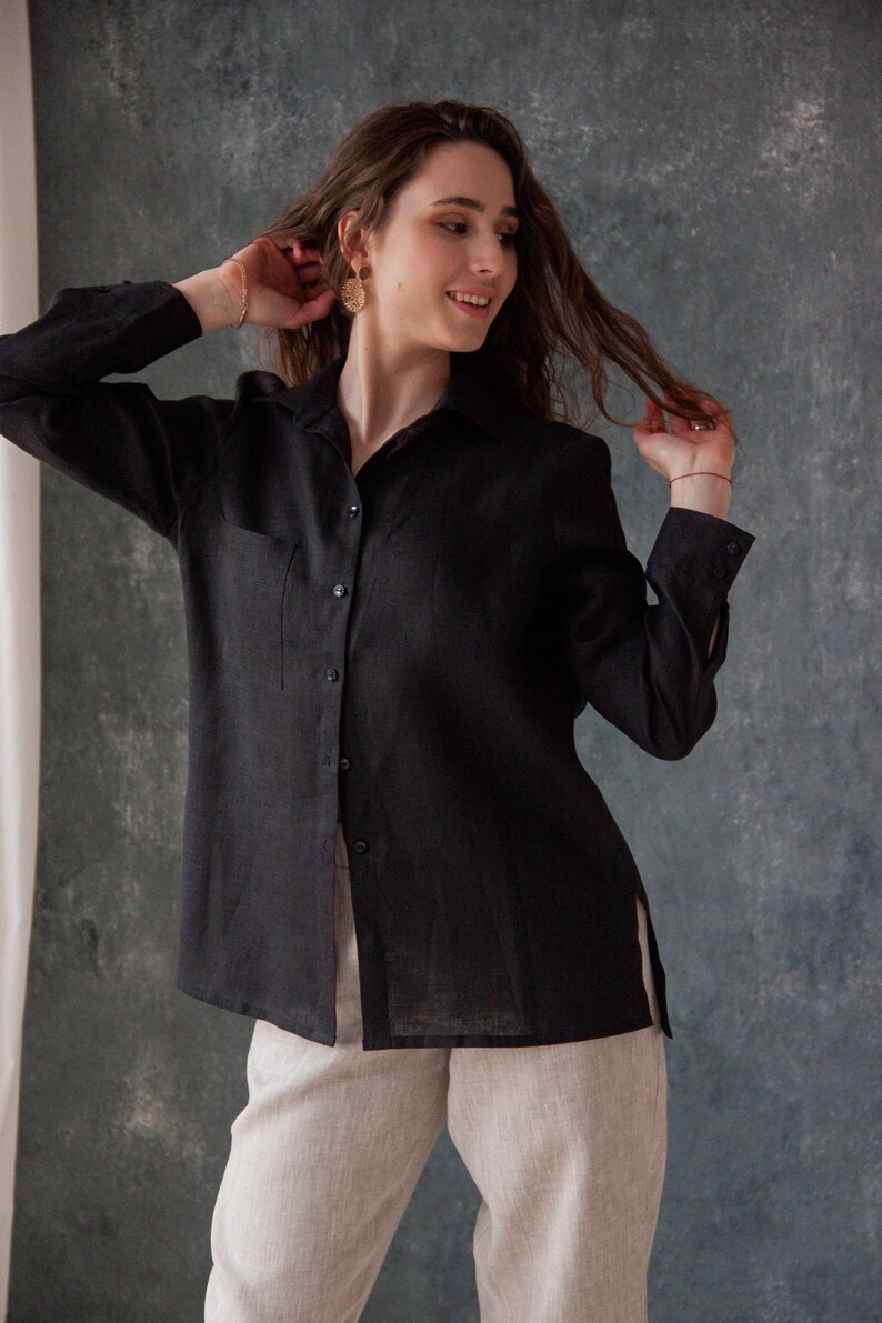 Black Linen Blouse,Linen Womens Shirt,Linen Long Sleeve Shirt,Organic Womens Shirts,Long Sleeve Linen Shirt,Linen Womens Shirt Button Up image 2