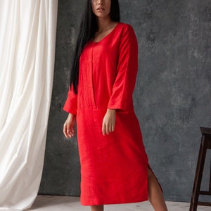 Formal linen dress, Red long sleeve dress, Organic linen dress, Loose linen dress, Long summer dresses for women, Linen maxi dress image 1