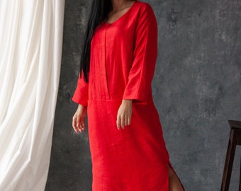 Vestido formal de lino, Vestido rojo de manga larga, Vestido de lino orgánico, Vestido de lino suelto, Vestidos largos de verano para mujer, Vestido maxi de lino