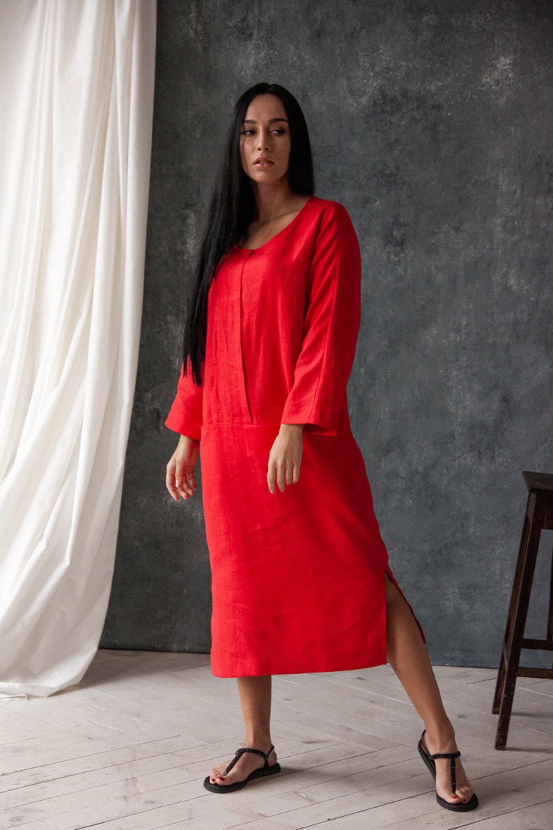 Natural linen dress, Red midi dress, Casual red dress, Red summer dress, Linen dress pockets, Loose long sleeve dress image 9