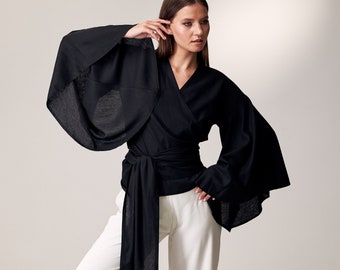 Top kimono di lino, camicetta a maniche larghe, top avvolgente in lino, top in lino a maniche lunghe, camicetta a maniche larghe, camicia kimono di lino, donne kimono corte