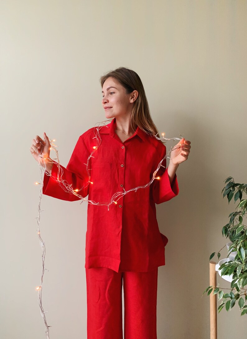 Red Linen Pajama Set Red Christmas 