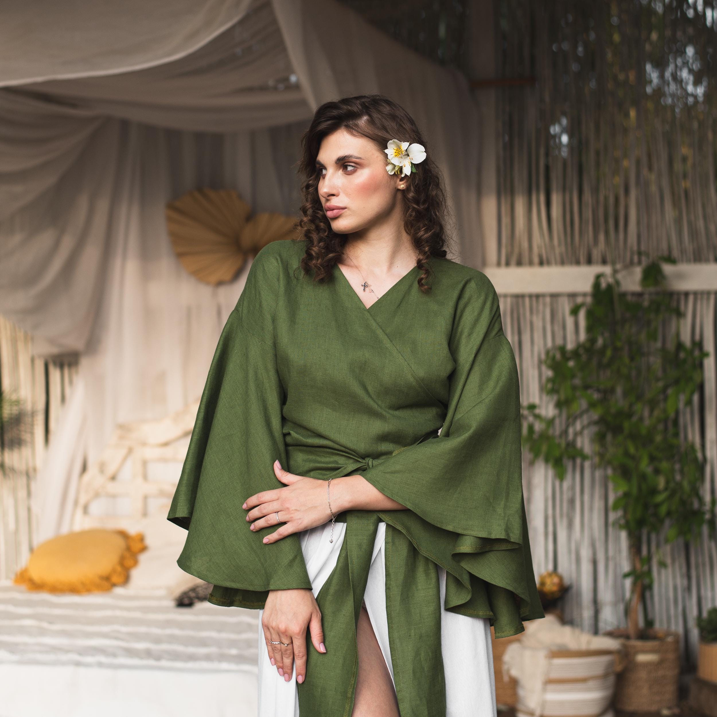 Wide Sleeve Blouse, Linen Wrap Top, Linen Kimono Top, Wrap