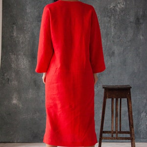 Natural linen dress, Red midi dress, Casual red dress, Red summer dress, Linen dress pockets, Loose long sleeve dress image 3