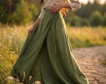 Jupe portefeuille en lin, jupe en lin verte, jupe en lin 100 % naturel, jupe longue verte, jupe longue en lin pour femme, jupe bohème en lin, jupe longue portefeuille