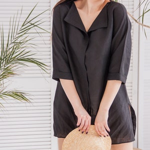 Kimono shirt dress, Linen shirt dress in black, Oversized linen shirt, Wrap linen shirt, Loose linen shirt, Drop shoulder shirt women image 2