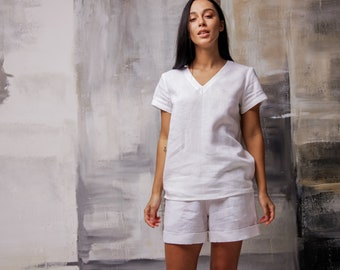 Linen two piece set, Linen top and shorts set, Linen loungewear set, Linen pajama set women, Shirt and shorts set, Sleepwear set