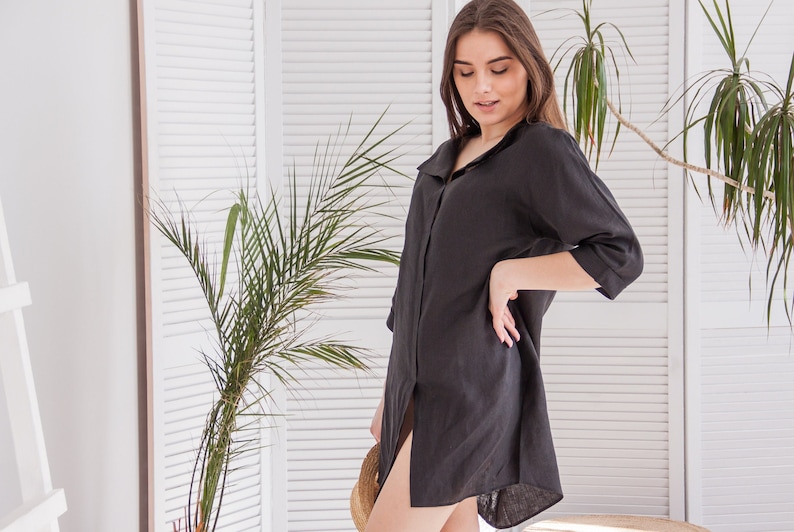 Kimono shirt dress, Linen shirt dress in black, Oversized linen shirt, Wrap linen shirt, Loose linen shirt, Drop shoulder shirt women image 3