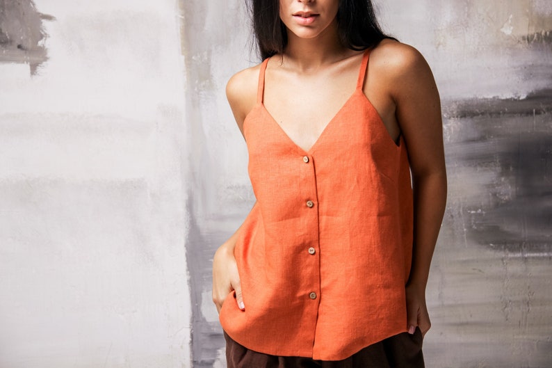 Orange blouse, Button up top, Linen tank top, Sleeveless blouse, Linen crop top,Minimalist top,Linen sleeveless shirt,Womens top with straps image 1