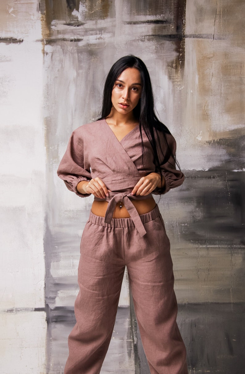 Linen two piece set women,Linen outfit women,Linen crop tops,Linen suit women,Linen set womens clothing,Crop top and pant set image 1