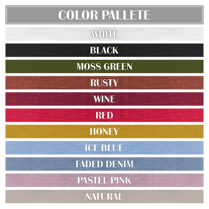 Op de afbeelding: Kleurenpalet met 11 stofstalen in verschillende kleuren, waaronder wit, zwart, mosgroen, roest, wijn, rood, honing, ijsblauw, vervaagd denim, pastelroze en naturel.