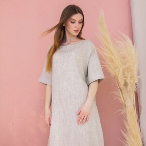 Linen maxi dress with sleeves, Linen oversized dress with pockets, Half sleeve maxi dress, Linen tunic dress women, Loose linen dress image 1